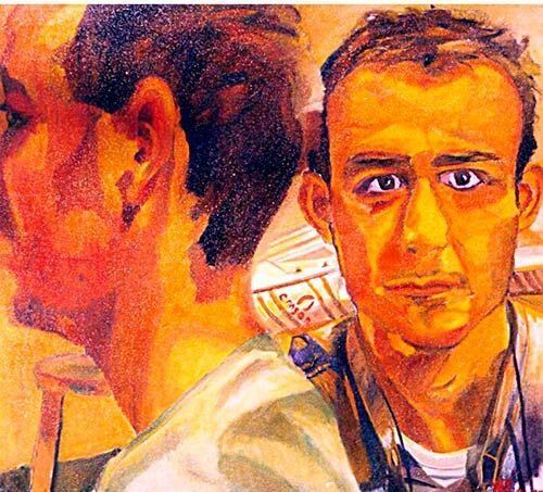 Un cuadro de un hombre con una cámara en la espalda.