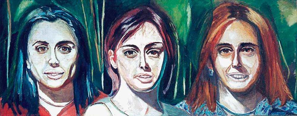 Tres mujeres están paradas una al lado de la otra en una pintura.