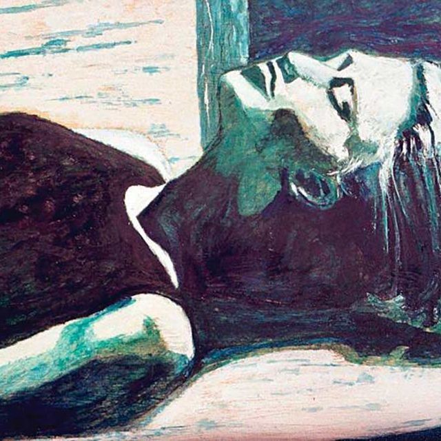 Un cuadro de una mujer acostada con los ojos cerrados.