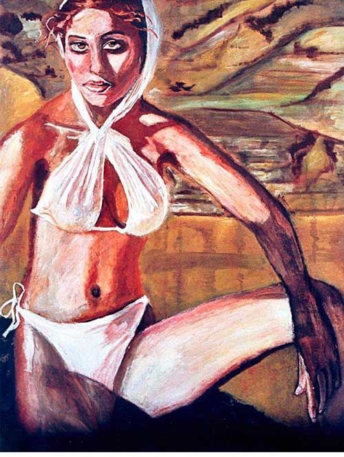 Una pintura de una mujer en bikini con una venda en la cabeza.