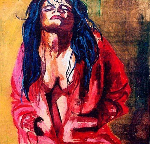 Una pintura de una mujer con un vestido rojo