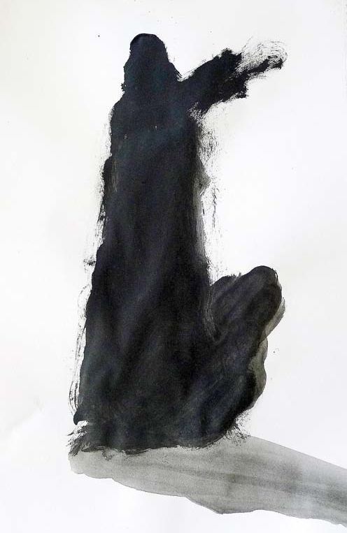 Una pintura en blanco y negro de una persona sentada en una roca.