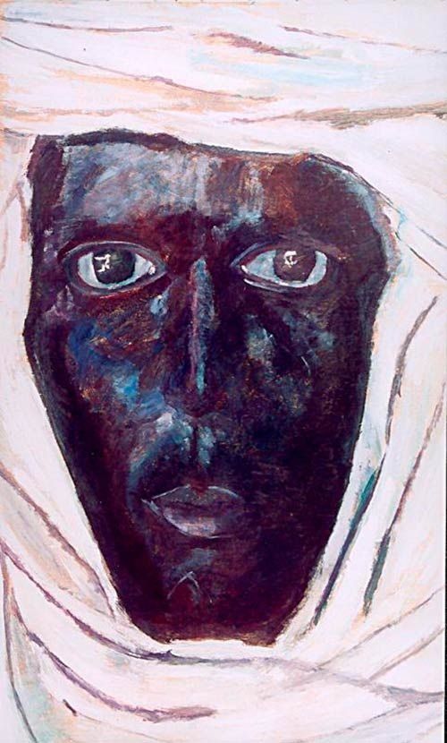 Una pintura del rostro de un hombre con una bufanda blanca alrededor de la cabeza.