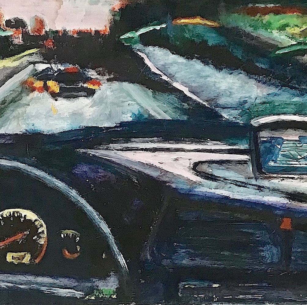 Un cuadro de un coche con un salpicadero y un velocímetro.