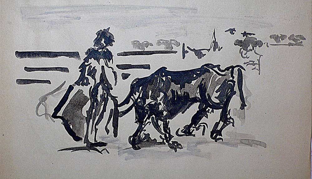 Un dibujo de un hombre parado junto a un toro.