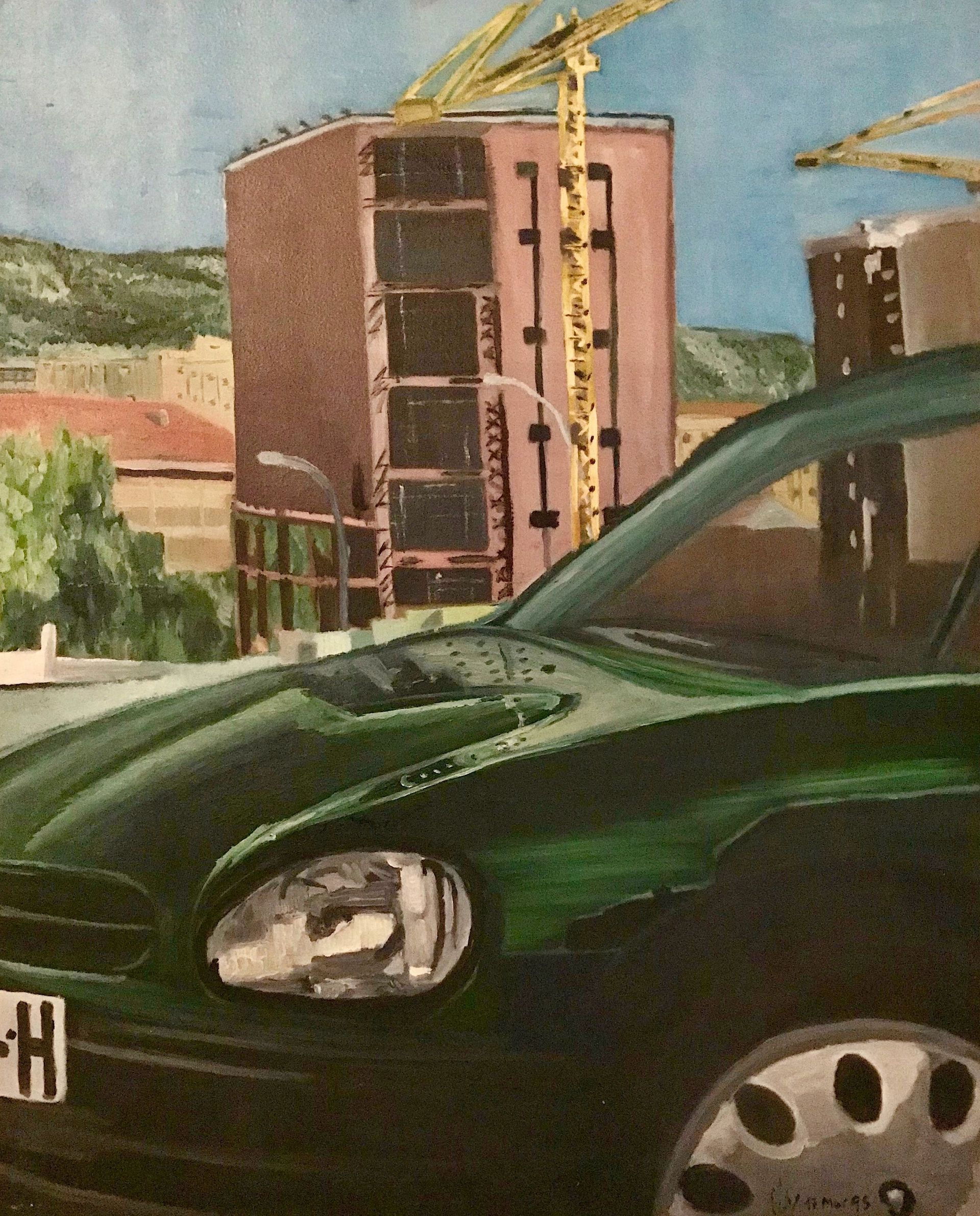 Un cuadro de un coche verde con una matrícula que dice fh