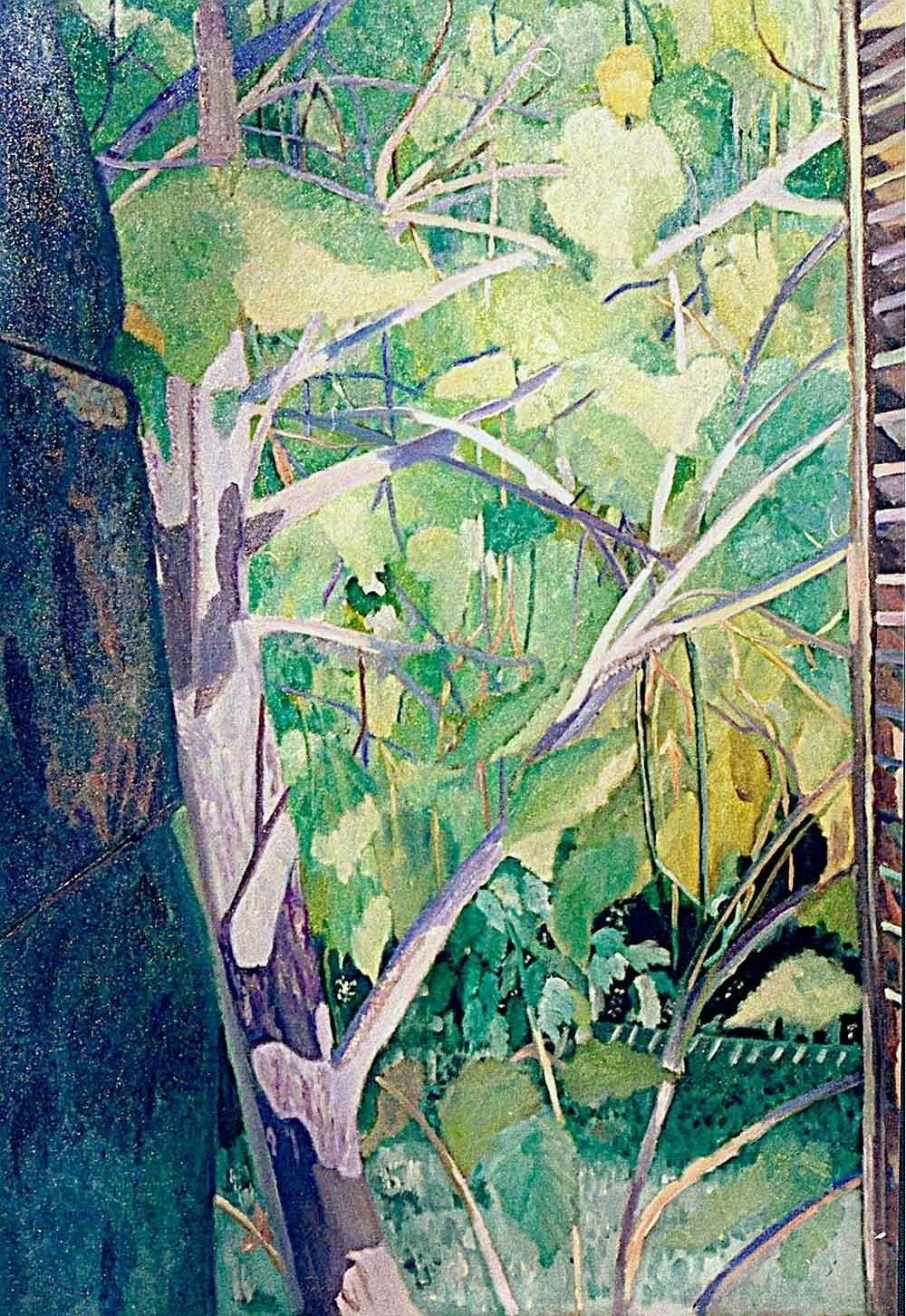 Es una pintura de un árbol con muchas hojas.