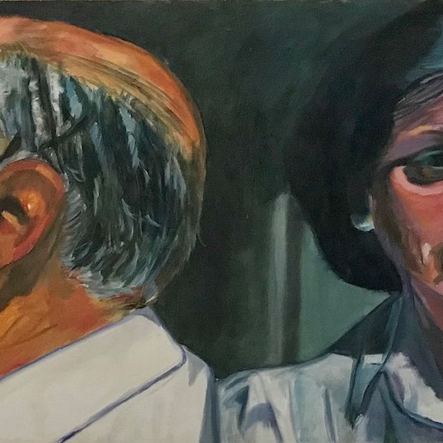 Un primer plano de una pintura de un hombre y una mujer.