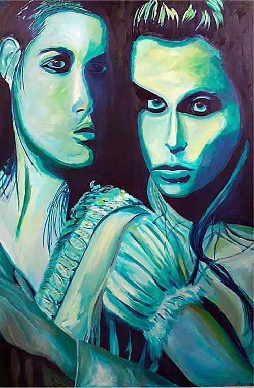 Una pintura de un hombre y una mujer de pie uno al lado del otro.