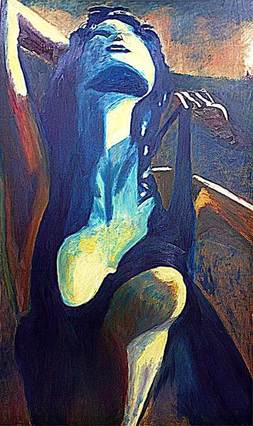 Una pintura de una mujer con un vestido negro sosteniendo un violín.