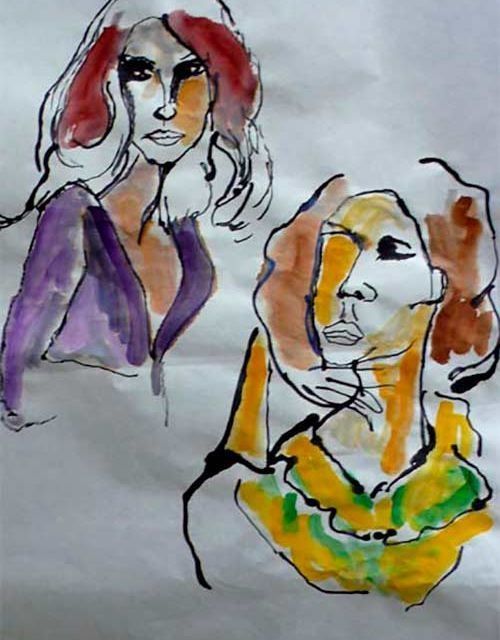 Un dibujo de una mujer con una camisa morada y un hombre con una camisa amarilla.