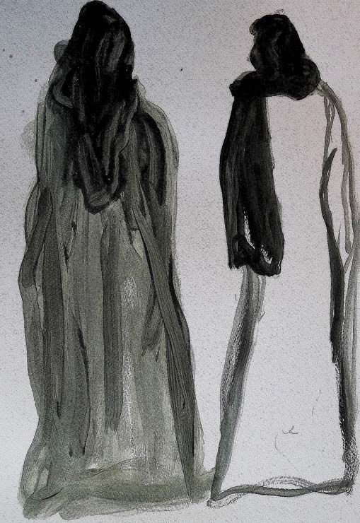 Un dibujo en blanco y negro de dos personas paradas una al lado de la otra.