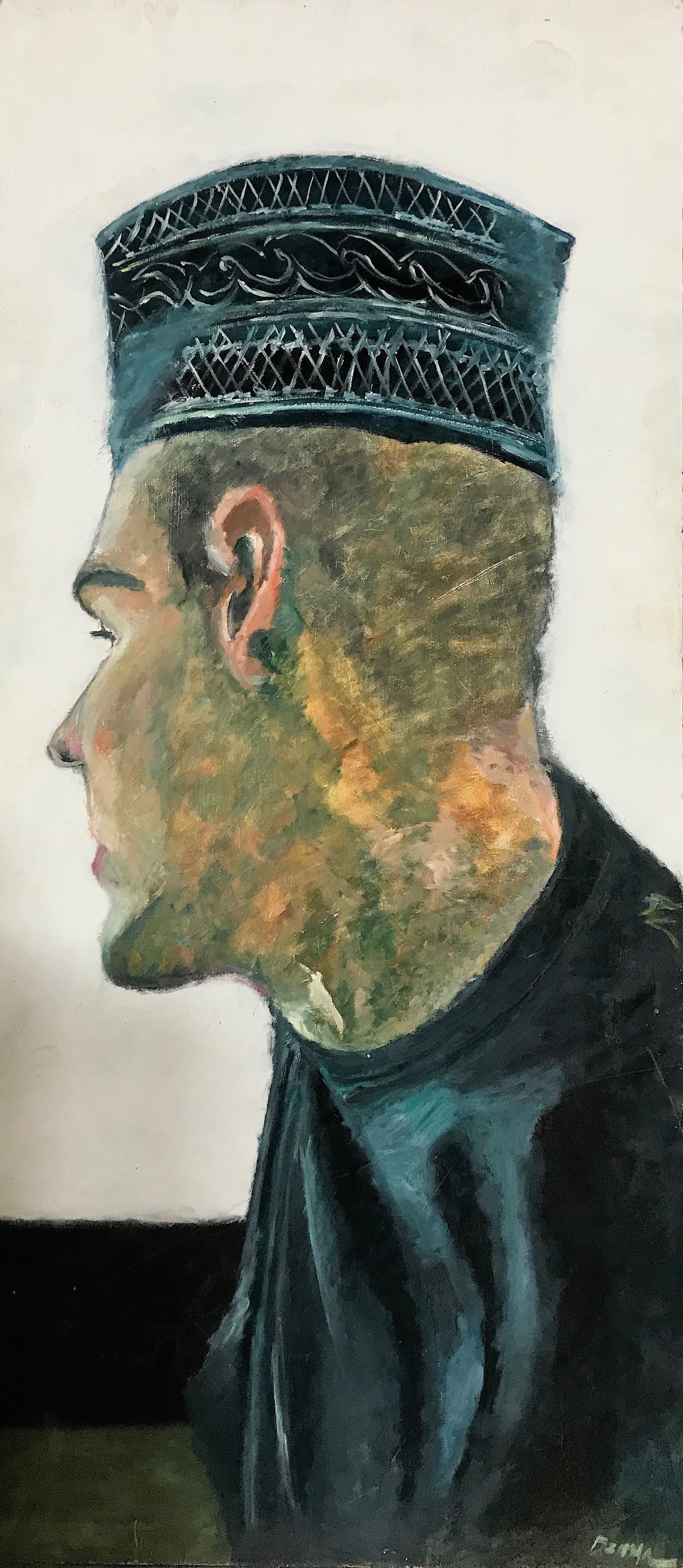 Un cuadro de un hombre que lleva un sombrero y una camisa negra.