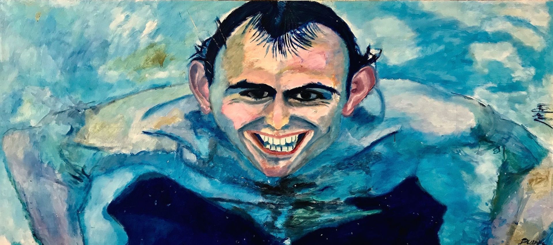 Un primer plano de una pintura de un hombre sonriendo en el agua.
