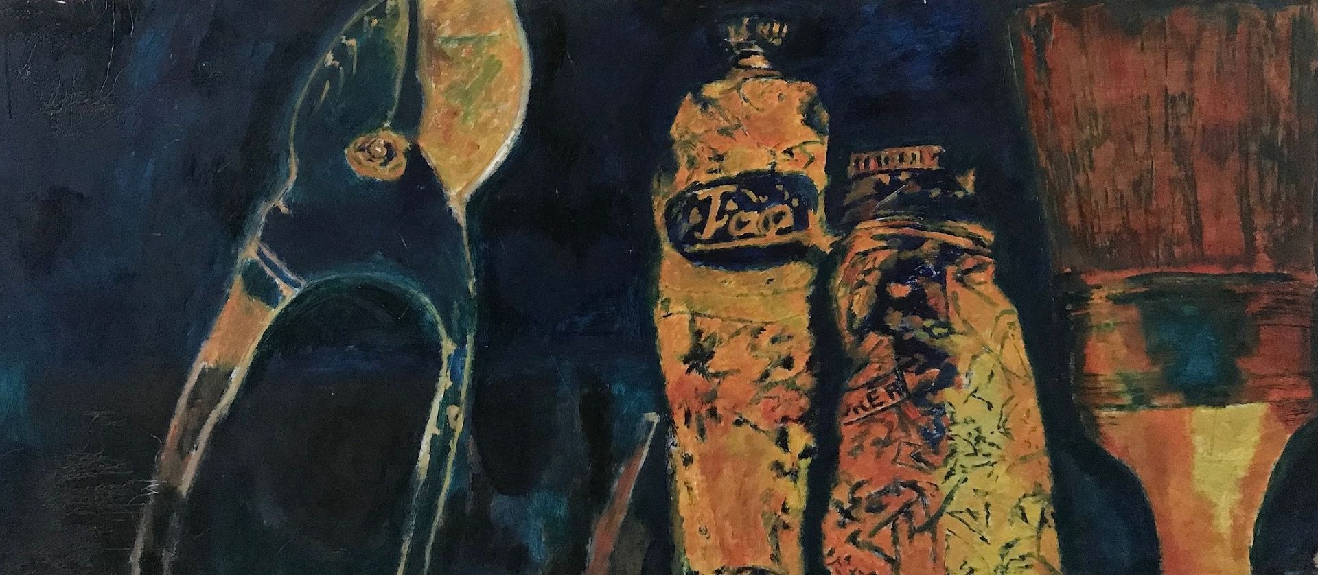 Un cuadro de una persona parada junto a una botella de Pepsi.