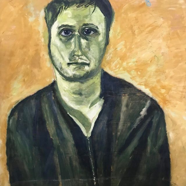 Un cuadro de un hombre con barba que lleva una chaqueta negra.