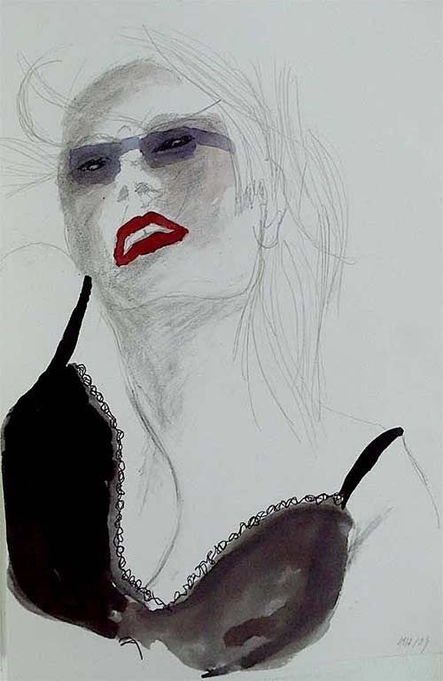 Un dibujo de una mujer con gafas de sol y sujetador.