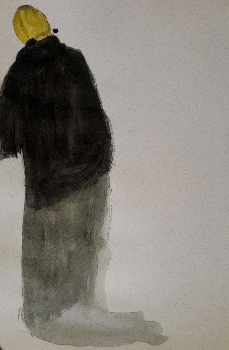 Una pintura de una persona con un sombrero amarillo en la cabeza.