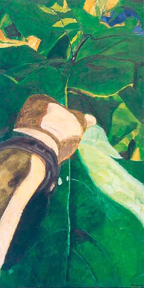 Una pintura de una persona recostada sobre una hoja verde.