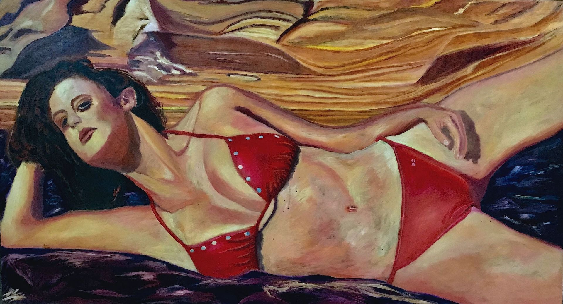 Una pintura de una mujer en bikini rojo