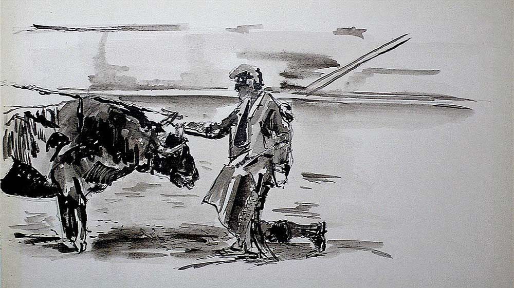 Un dibujo en blanco y negro de un hombre acariciando una vaca.