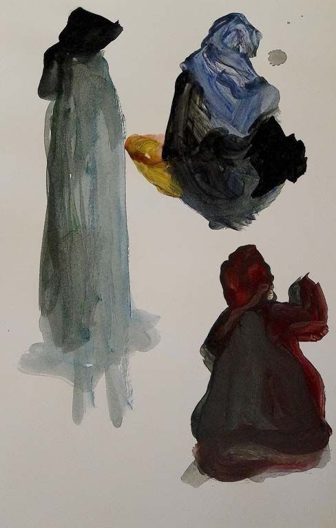 Una pintura de acuarela de tres personas paradas una al lado de la otra.