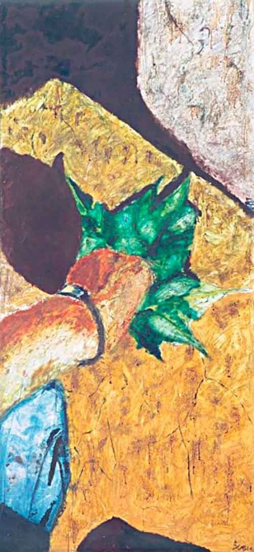 Un cuadro de una piña y un plátano sobre una mesa.