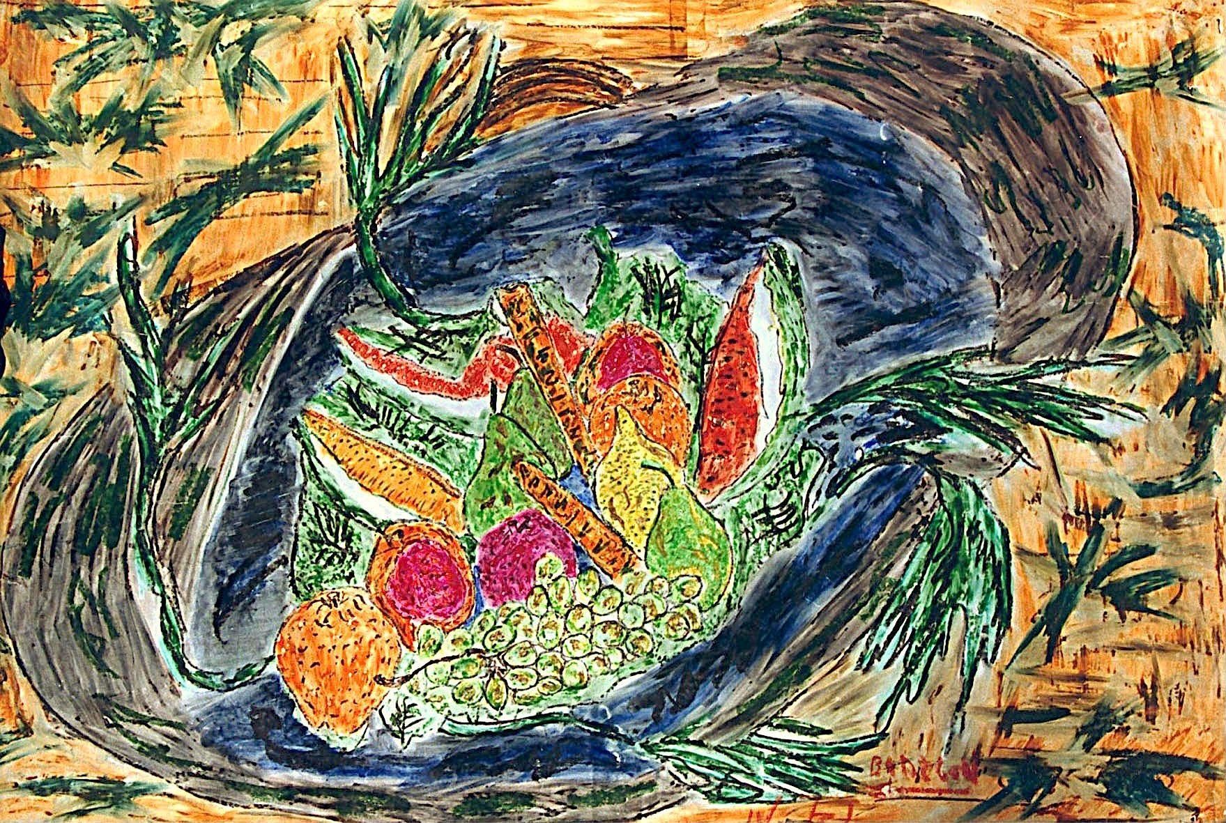 Un cuadro de un bol de frutas y verduras sobre una mesa.