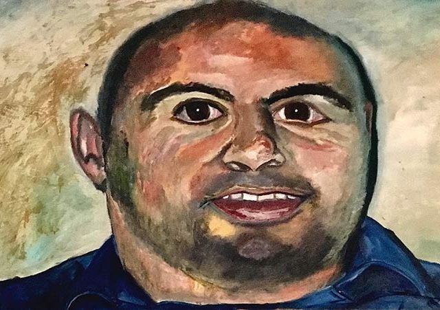 Un cuadro de un hombre con barba que lleva una camisa azul.