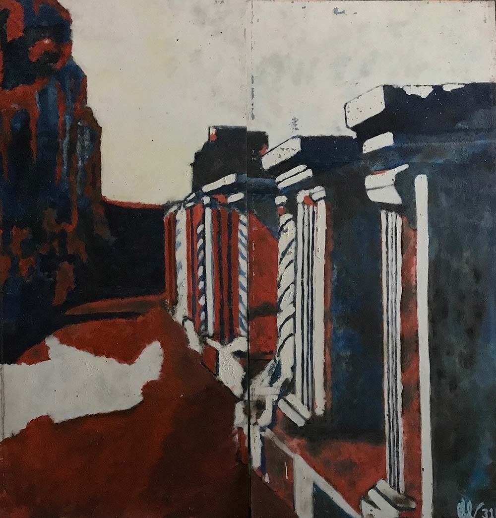 Una pintura de una fila de columnas con algunos edificios al fondo.