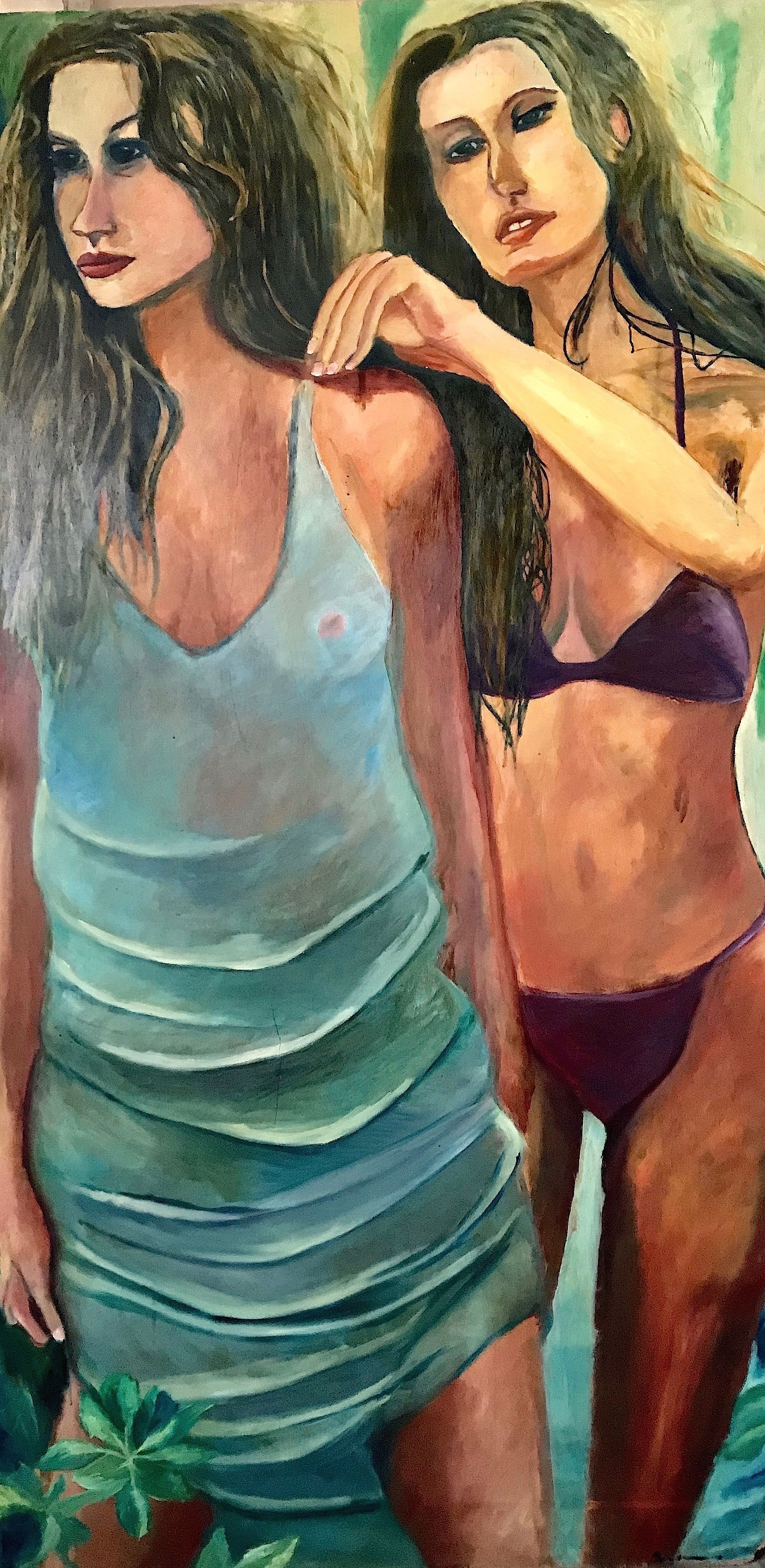 Una pintura de dos mujeres en bikini paradas una al lado de la otra.