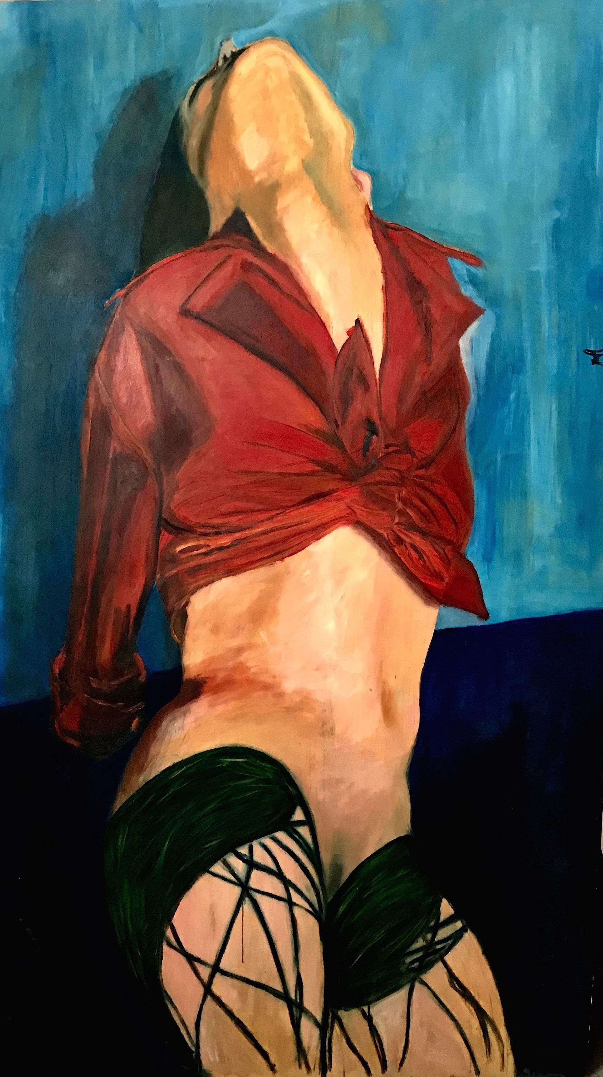 Un cuadro de una mujer con una camisa roja y medias verdes.