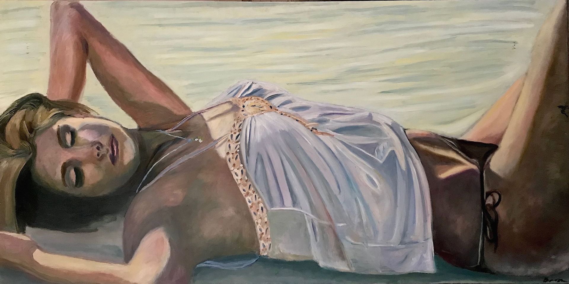 Una pintura de una mujer en bikini tumbada en la playa.