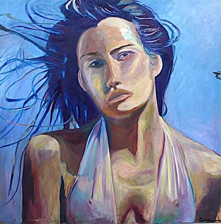 Una pintura de una mujer con el cabello ondeando al viento.