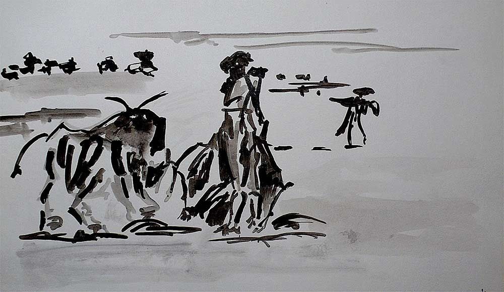 Un dibujo en blanco y negro de un hombre de pie junto a un toro.