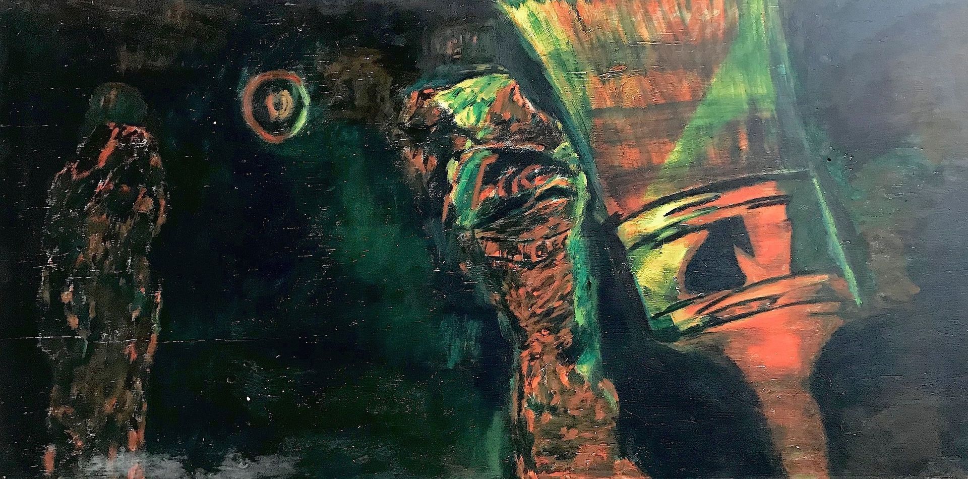 Un primer plano de una pintura de un hombre con una máscara de gas.