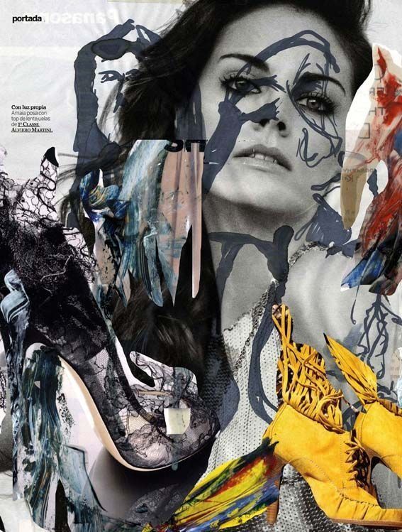 Un collage en blanco y negro del rostro y los zapatos de una mujer.
