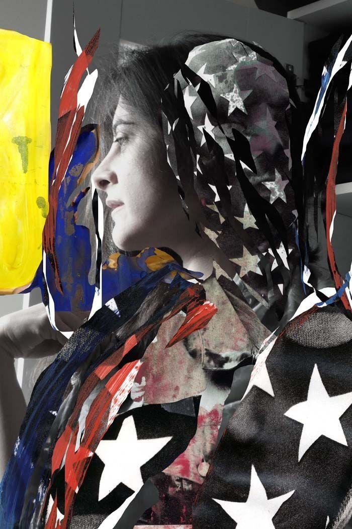 Una pintura de una mujer que lleva una bufanda con la bandera estadounidense.