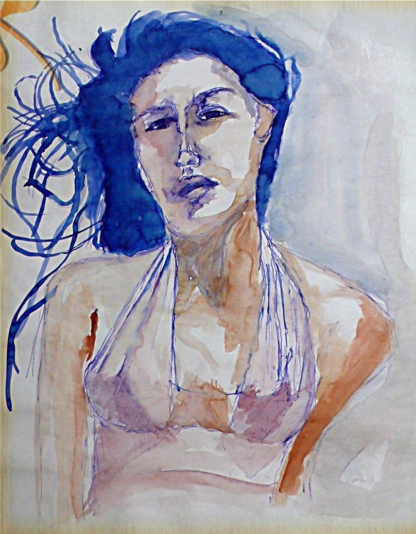 Una pintura de acuarela de una mujer con cabello azul.