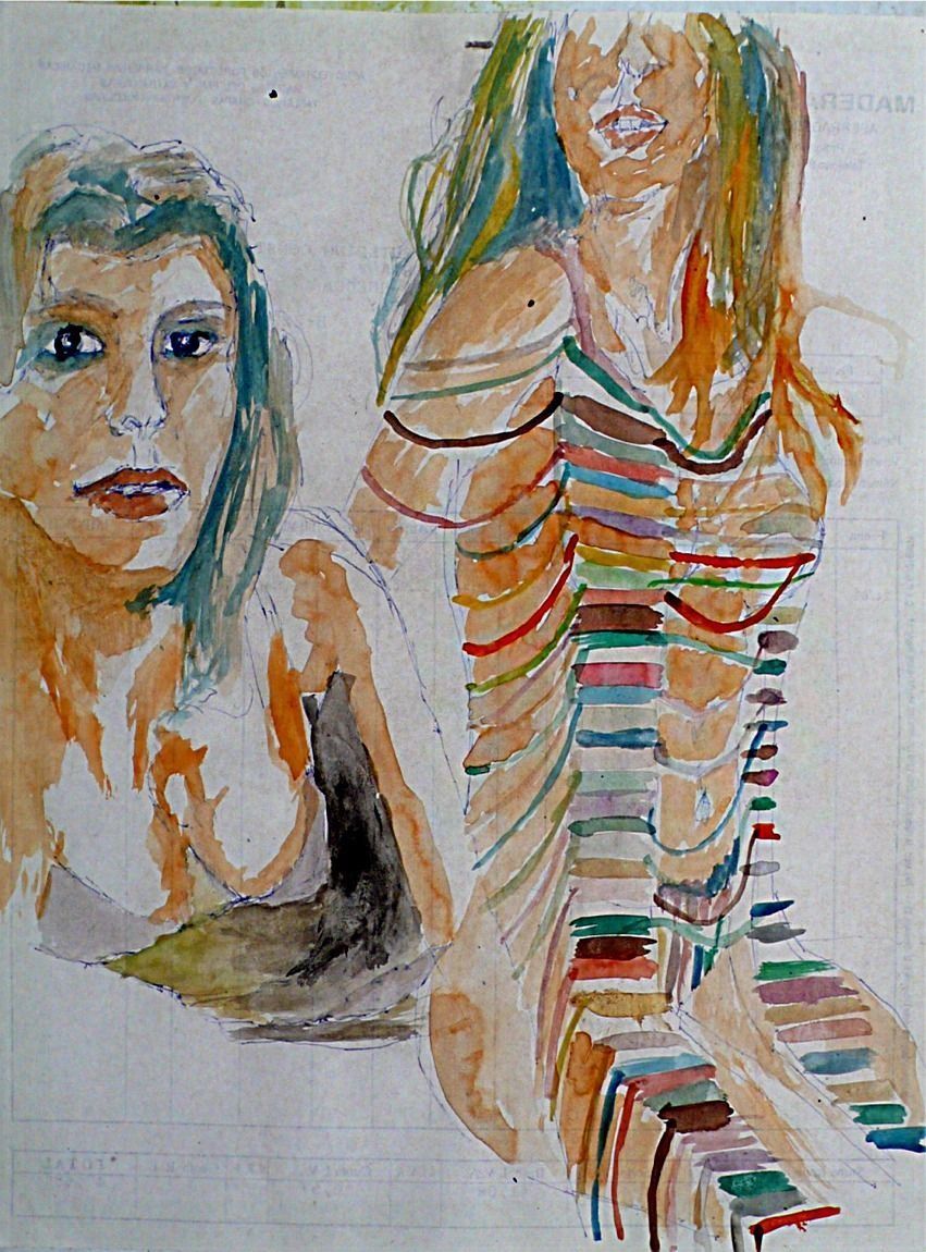 Una pintura de una mujer con un vestido de rayas.