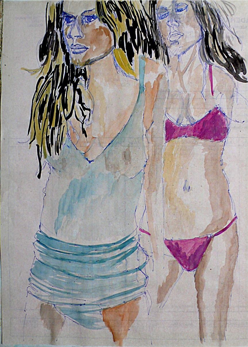 Una pintura de dos mujeres en bikini paradas una al lado de la otra.