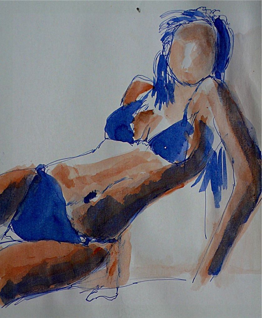 Un dibujo de una mujer en bikini azul
