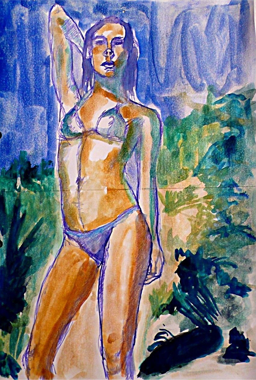 Una pintura de acuarela de una mujer en bikini.