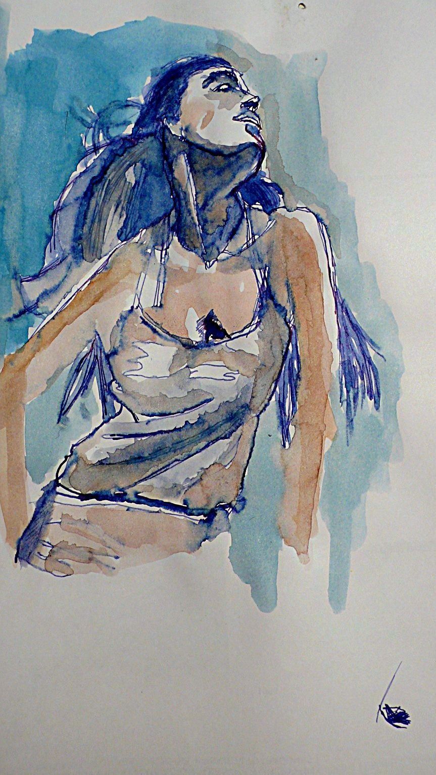 Una pintura de acuarela de una mujer con su cabello ondeando al viento.