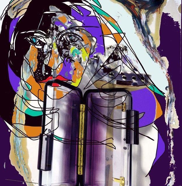 Una pintura colorida del rostro de una mujer y una maleta.