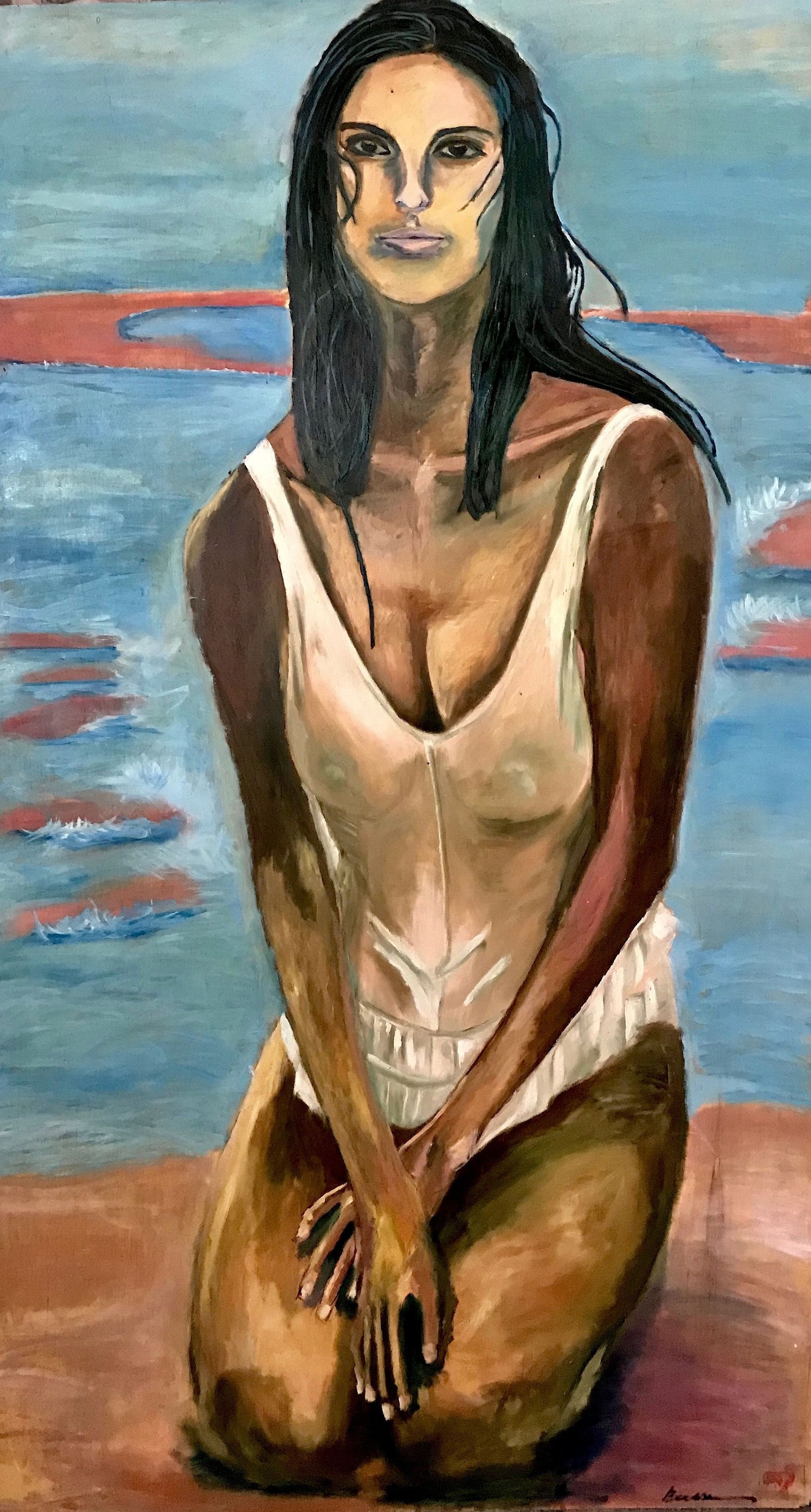 Una pintura de una mujer en traje de baño arrodillada en la playa.