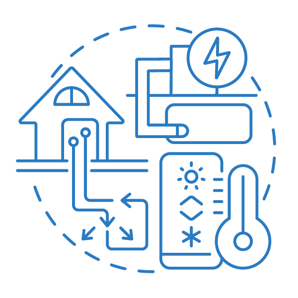 Sininen kaavio talosta, joka on kytketty älytermostaattiin ja virtalähteeseen, todennäköisesti LVI-ohjausta varten.