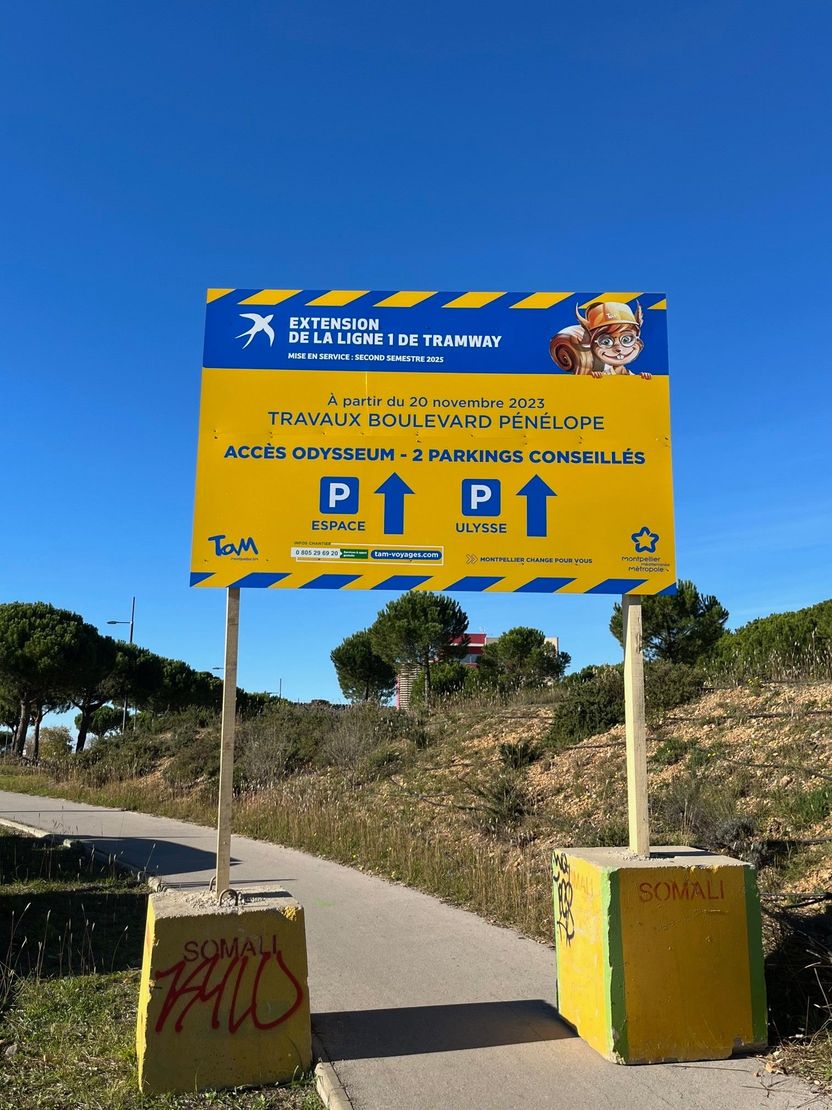 Panneau routier jaune à sommet bleu indiquant les indications de stationnement et d'accessibilité.