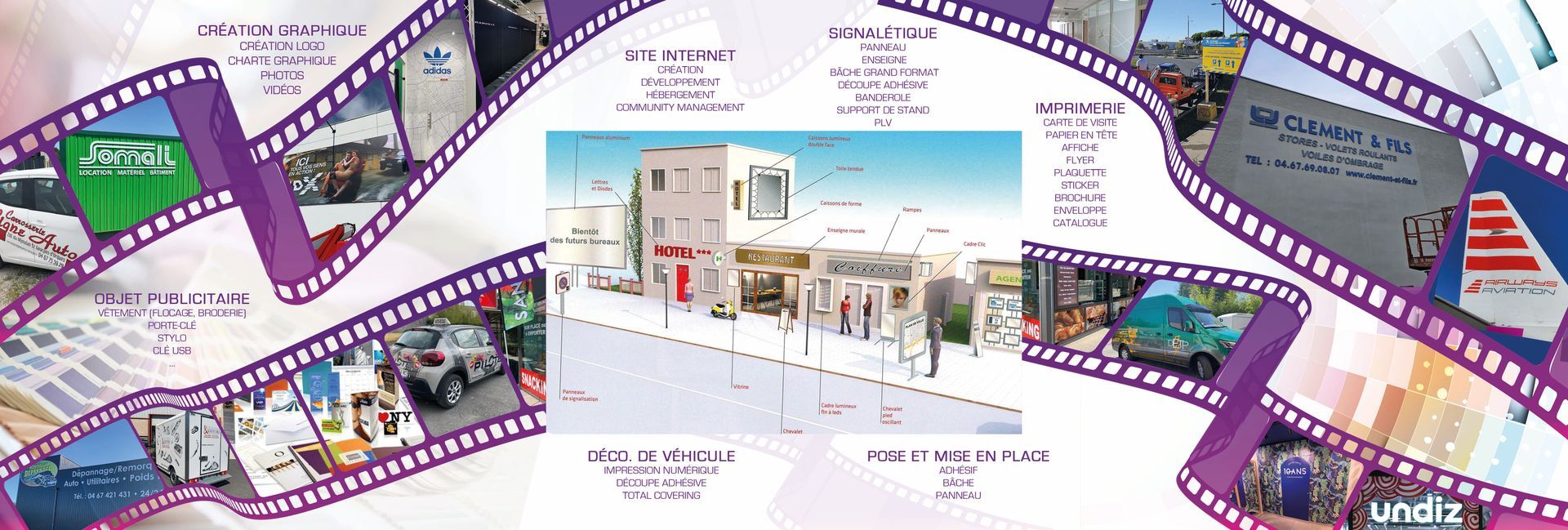 Collage de pellicule violette montrant des scènes de façades de magasins, des vues intérieures et une illustration d'un bâtiment central.