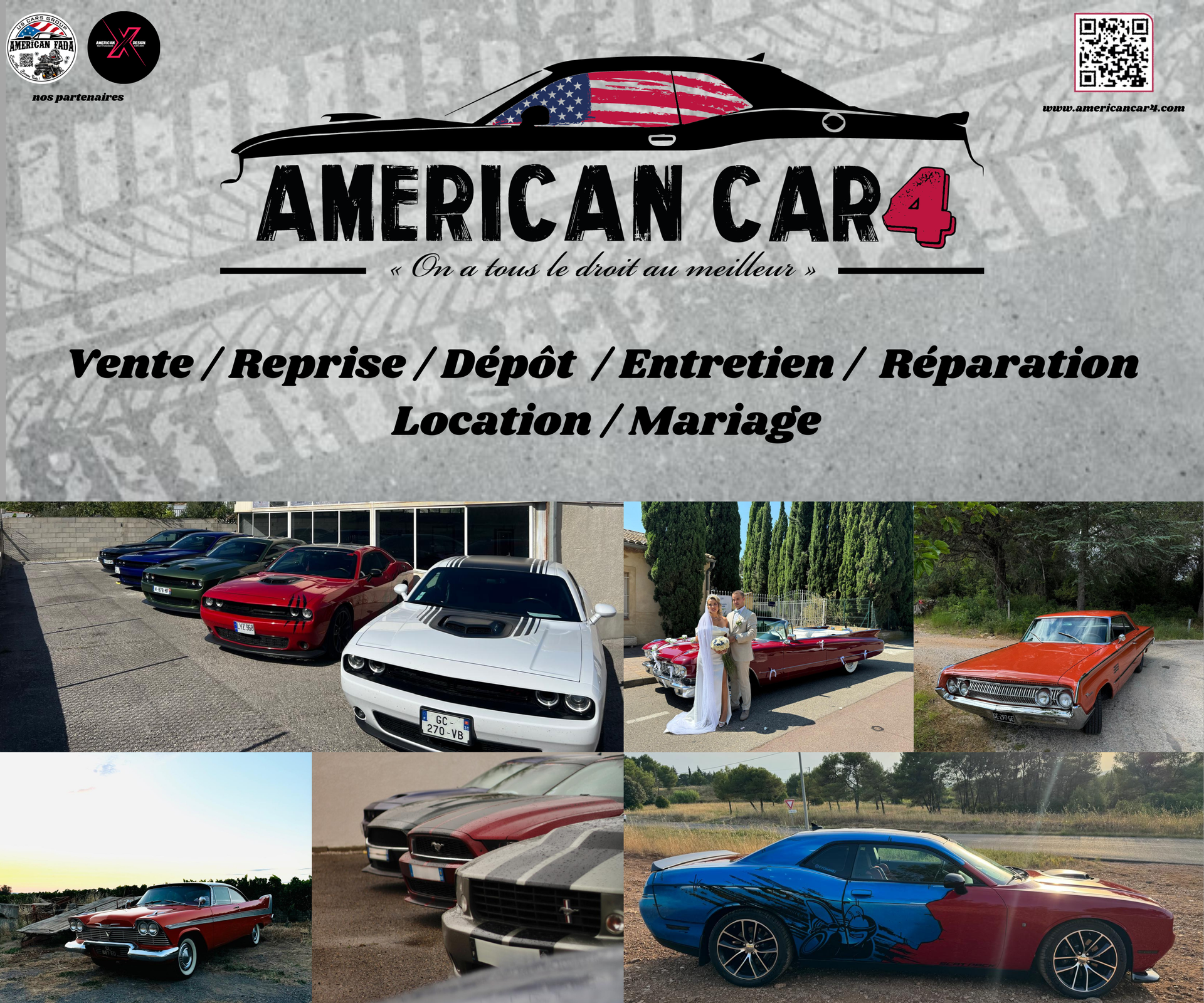 Annonce pour un concessionnaire automobile américain proposant plusieurs voitures de sport et des services français : vente, réparation, location, mariage.